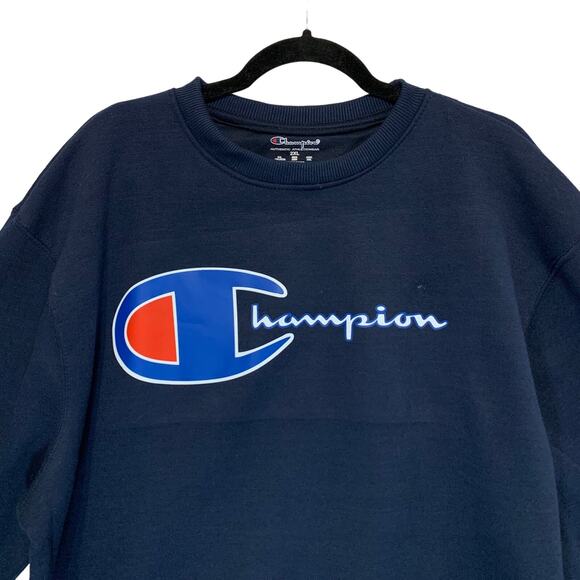 Champion Logo Graphic Pullover Crew Neck Sweatshirt Men's Sz 2XL Navy Athleisure - Picture 4 of 7